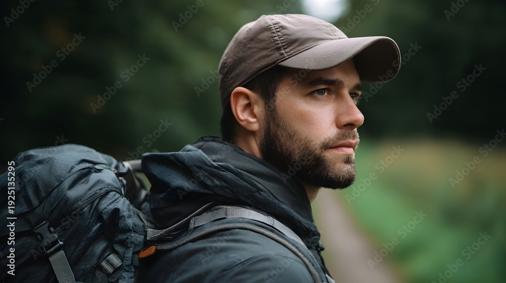 Obraz premium A man with a backpack and cap looks thoughtfully into the distance on a forest path