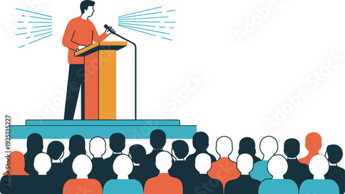 Motivational speaker presenting on stage to business audience, leadership seminar, public speaking event, communication training, flat vector illustration design