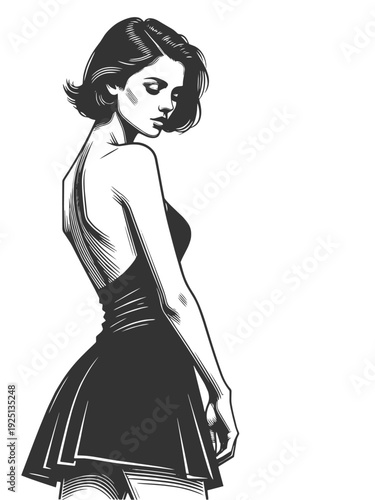 graceful woman wearing a backless black dress, posed in a stylish retro fashion portrait sketch engraving generative ai fictional character vector illustration. Scratch board. Black and white image.