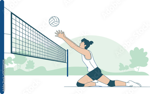 Female volleyball player diving to save ball near net, outdoor sports training, athletic action, teamwork, fitness motivation, flat vector illustration