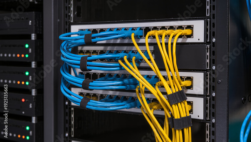 Server rack with organized network cables connected to patch panels and servers. Data center infrastructure highlighting IT networking, cable management and system monitoring