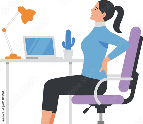 Woman suffering from back pain while sitting at office desk, poor posture, workplace ergonomics problem, health care concept, flat vector illustration
