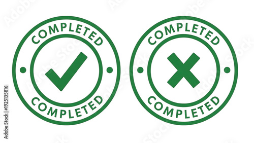 Green circular stamps with check and cross marks labeled completed