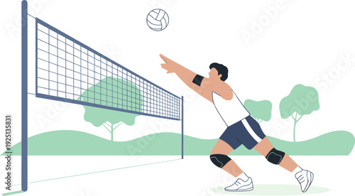 Male volleyball player jumping to hit ball over net, outdoor sports competition, athletic training, teamwork, fitness lifestyle, flat vector illustration