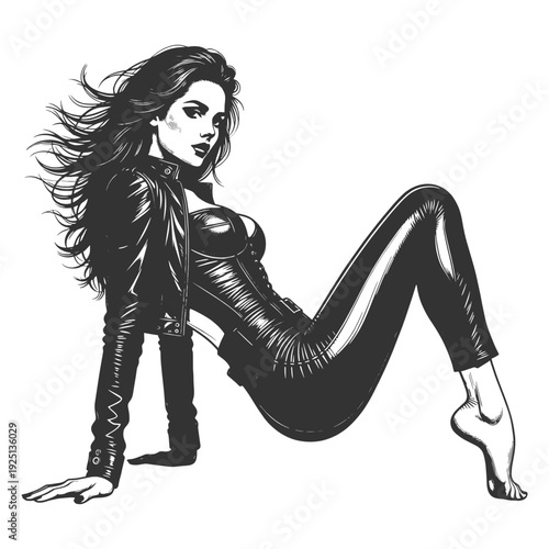 confident woman in a tight leather outfit and jacket, posing in a bold seated position with modern edgy style sketch engraving generative ai vector illustration. Scratch board. Black and white image.