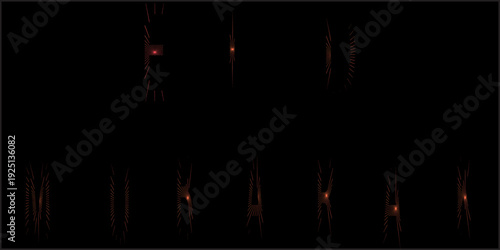 A minimalist, high-contrast digital art piece featuring the words "EID MUBARAK" in anamorphic typography. The letters are composed of thin, vibrant pink and red light streaks radiating vertically agai