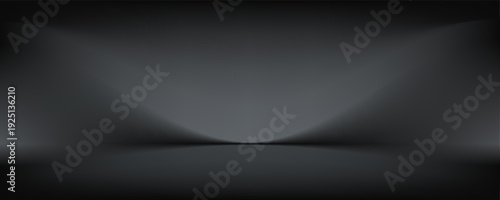 Black studio room. Limbo dark grey spotlight background. Abstract 3d backdrop for product presentation. Minimal wall scene. Showcase, promotion display. Vector stage mockup illustration