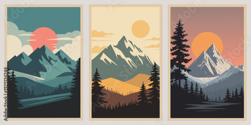 Mountain Travel Poster with Teal Range, Coral Red Sunset and Snow Capped Peak Illustration
