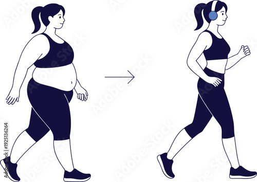 Woman weight loss before after transformation, fitness progress concept, healthy lifestyle change, workout motivation, body shape improvement, flat vector illustration