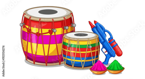 Celebration scene with colorful drums and water gun, symbolizing joy and festivity