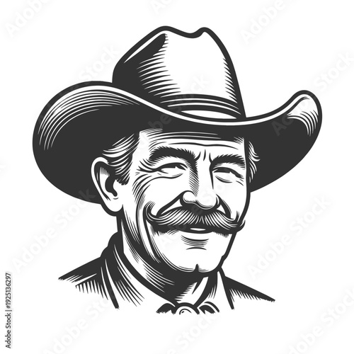 smiling cowboy wearing wide brim hat and button shirt, western character isolated on white sketch engraving generative ai fictional character vector illustration. Scratch board. Black and white image.