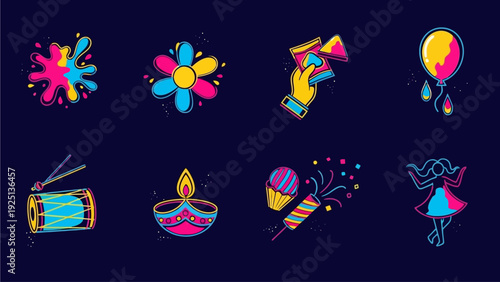 Vibrant Celebration Icons Featuring Dancer, Fireworks, and Musical Elements in a Dark Background from a Direct Viewpoint