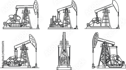 Oil pump jack vector set, industrial petroleum drilling rig silhouettes, fuel energy production equipment icons, fossil fuel extraction industry, isolated,