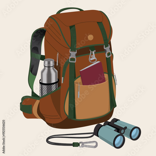 Brown hiking backpack with water bottle, passport, and binoculars for travel and adventure