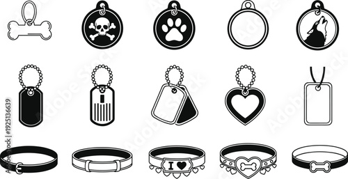 Pet tags and collars vector illustration, dog accessories design, cat collar artwork, animal identification graphics, stylish pet accessory clipart