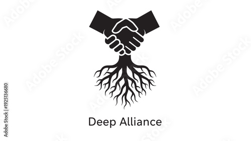 A  illustration of two hands shaking with roots growing from the handshake, symbolizing a strong and deep alliance in a business context.