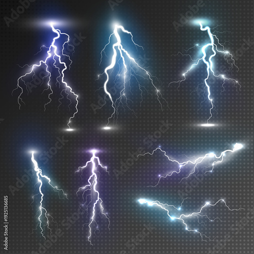 Realistic Lightning Strike Collection. Vector Illustration of Bright Blue and Purple Electric Discharges on Transparent Dark Grid Background
