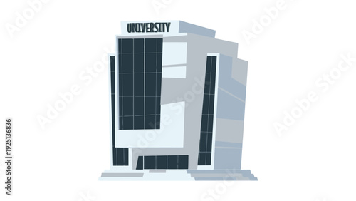 Modern university building with a sleek architectural design and prominent signage.