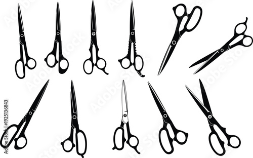 Scissors silhouette set, black vector cutting tool icons, tailor shears collection, office stationery equipment, isolated barber hair stylist supplies, craft,