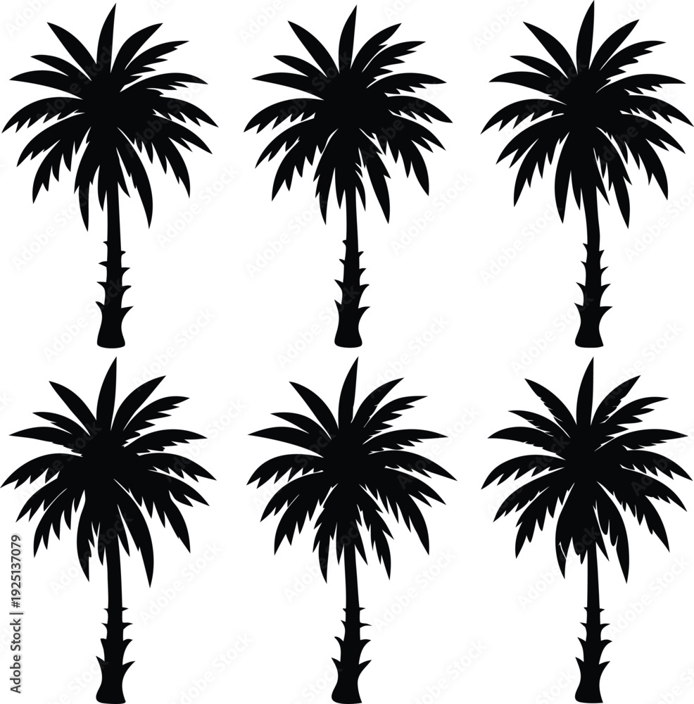 Fototapeta premium Collection of Six Black Palm Tree Silhouette Icons