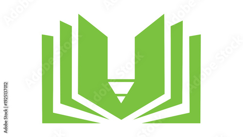 Green abstract logo resembling an open book with a downward arrow