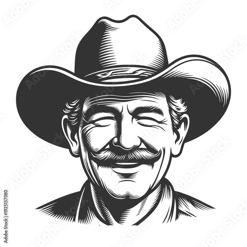 smiling cowboy wearing wide brim hat and button shirt, western character isolated on white sketch engraving generative ai fictional character vector illustration. Scratch board. Black and white image.