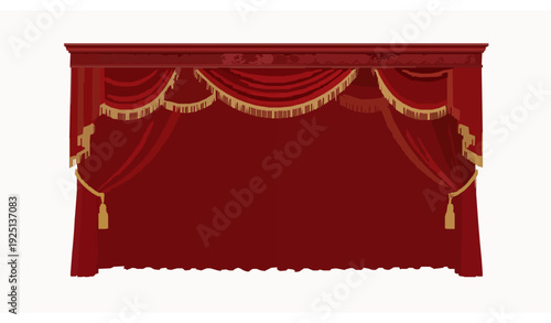 Luxury Red Velvet Curtains with Ornate Cornice and Decorative Lambrequin Vector Illustration