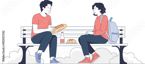 Friends sharing lunch on park bench, outdoor picnic moment, casual conversation, urban lifestyle, leisure time, modern flat vector illustration design