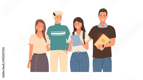 Four students holding books and notebooks standing together cheerfully