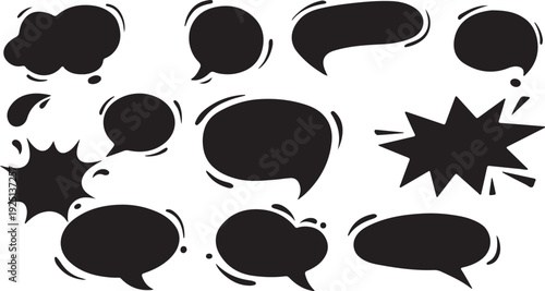 Speech and thought bubble icon set, black silhouette illustrations, comic-style variations, vector graphics, dialogue and storytelling design