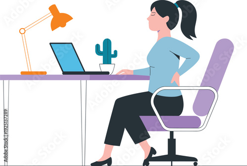 Office ergonomics concept illustration, woman sitting with back pain, unhealthy posture, workplace injury prevention, correct sitting position, health awareness design