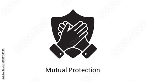 A black and white illustration of two hands clasped together in front of a shield, symbolizing mutual protection and security.