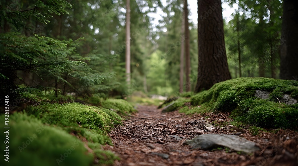 Fototapeta premium A serene forest path with lush moss and green trees inviting a leisurely walk through nature