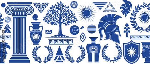 Ancient Greek elements set, Spartan helmet spartan warrior column amphora wreath and sun icons collection, cad drawing flat vector illustration, isolated.