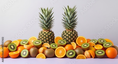 fresh tropical fruit arrangement with pineapples kiwi and oranges