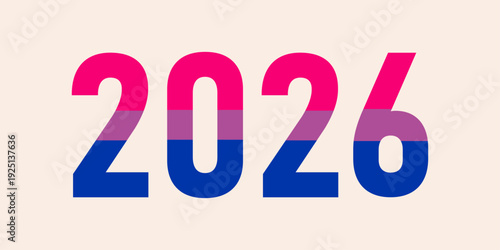 2026 year typography colored with the bisexual pride flag on light background