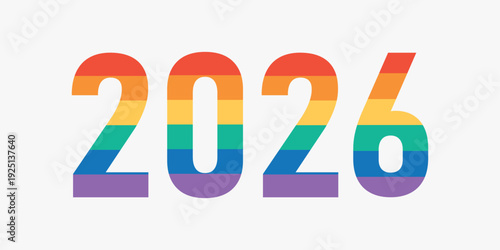 2026 year typography filled with the LGBT rainbow pride flag colors on white background