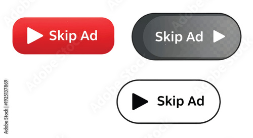 A set of three "Skip Ad" buttons designed for video player interfaces, including a solid red version, a dark gray gradient version, and a minimalist black outline version.