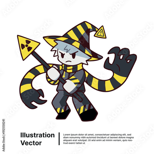 Cartoon character illustration of a wizard with striped hat and staff standing in a mystical environment