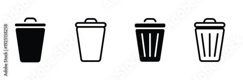 Trash Icons, flat vector illustrations of garbage bin and delete icons, isolated on white background, ideal for file deletion, recycling, apps, websites, and digital interface design.