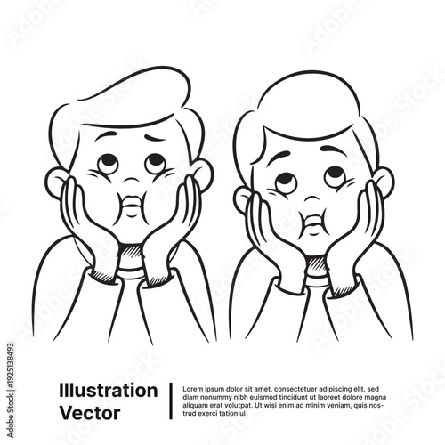 Two boys with worried expressions on their faces looking anxious and concerned standing side by side in a vector illustration