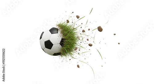 A soccer ball explodes in a burst of green grass and dirt on a black background