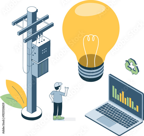 Smart energy management concept illustration, electricity pole, glowing light bulb, data analytics laptop, renewable recycling symbols, modern flat vector design