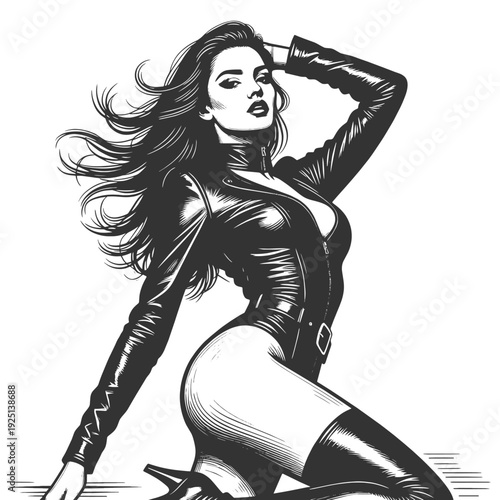 glamorous woman in a fitted leather jacket and high heels, posing with bold attitude and modern edgy fashion style sketch engraving generative ai vector illustration. Scratch board. Black and white.