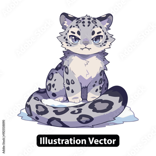 Adorable cartoon snow leopard sitting calmly on ice, viewed from front with cute expression