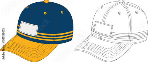 Blue and yellow baseball cap mockup, front three quarter view, flat vector illustration for sports branding, fashion apparel, and merchandising design