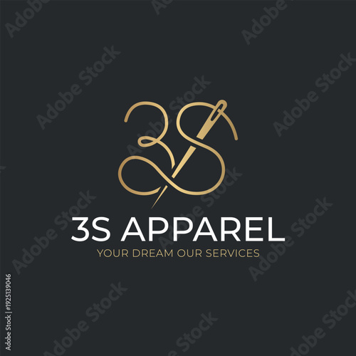 Modern gold needle and thread monogram logo for 3s apparel with professional white typography on a dark background