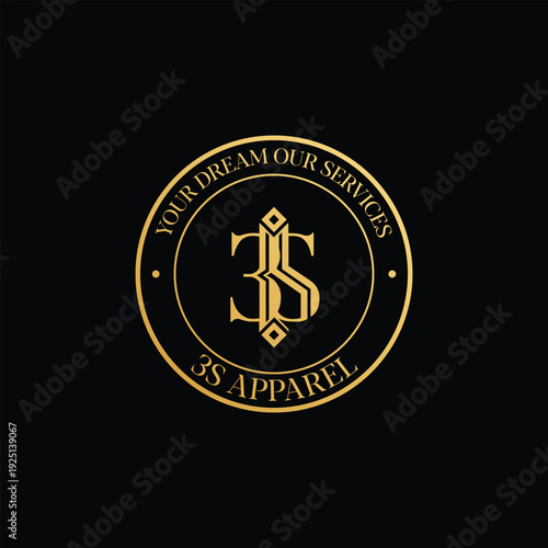 Elegant gold circular seal logo for 3s apparel with a luxury monogram emblem on a black background for premium branding