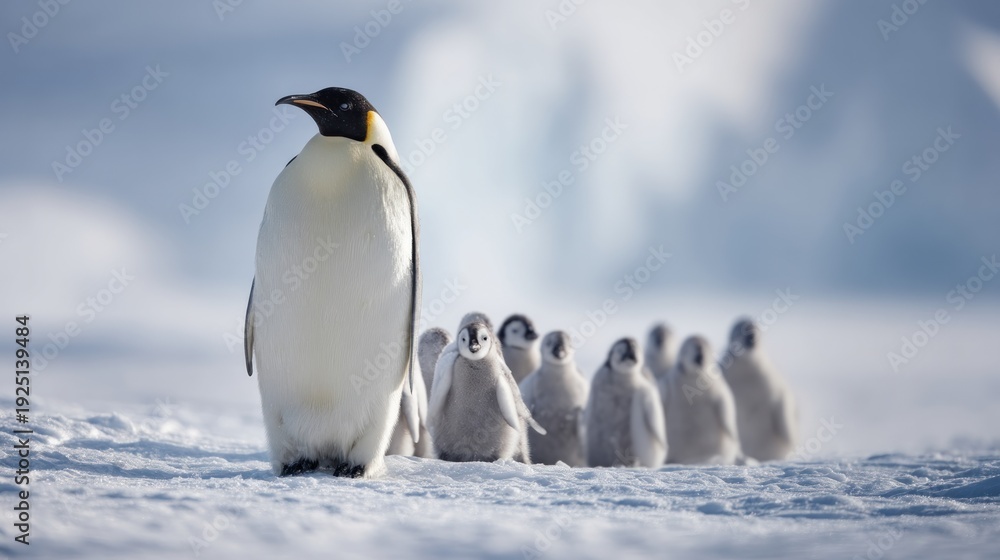 Obraz premium Emperor penguin with chicks on snowy terrain