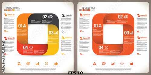 Corporate Business Infographic Template Set. Vector Illustration of Two 4-Step Process Layouts with Square Frames, Professional Icons, and Modern Orange and Grey Color Schemes